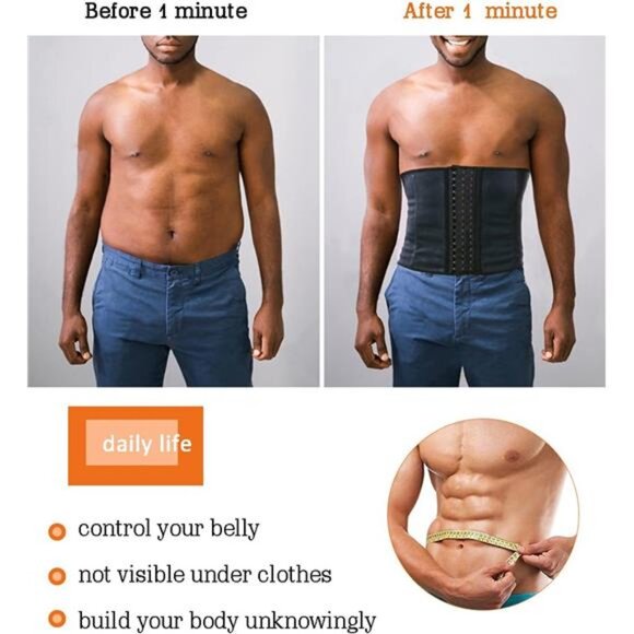 100% Latex Men Waist Trainer Corsets With Steel Bone Sweat Belt Sauna Suit - Picture 2 of 7